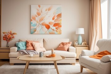 Modern minimalistic interior of the living room, autumn decor, painting on the wall