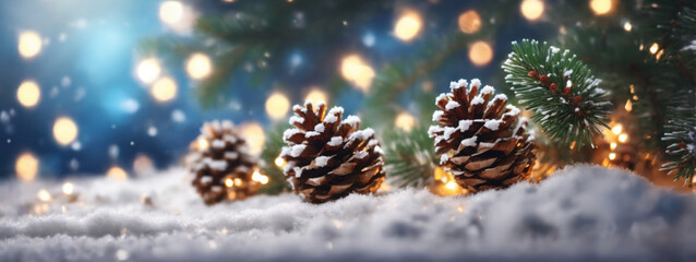 Obraz na płótnie Canvas Christmas Decoration Banner - Snowy Pine Cones On Fir Branch With Lights