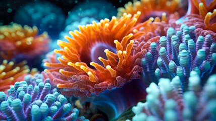 Mesmerizing Macro: Delicate, Vibrant, and Colorful Coral Polyps in Stunning Detail. AI Generated 8K.