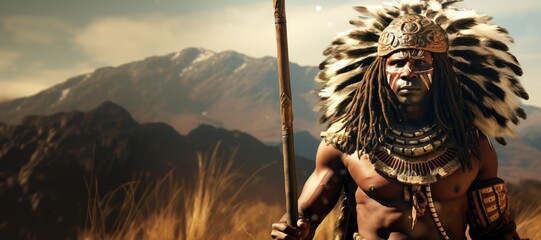The Dignity and Strength of a Zulu Tribe Member as He Proudly Displays His Heritage, Dressed in Elaborate Traditional Clothing and Holding a Gleaming Spear, Embodying Centuries of African History - obrazy, fototapety, plakaty