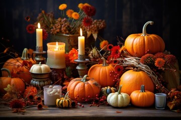 Table decorated in autumn style - pumpkins, candles