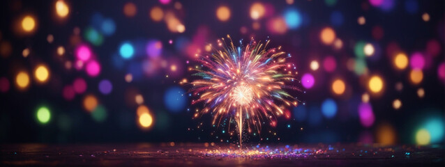 Colorful firework with bokeh background. New Year celebration, Abstract holiday background - obrazy, fototapety, plakaty