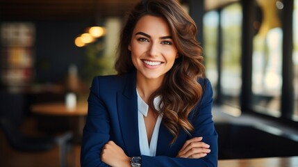 Portrait of a smiling businesswoman standing with arms crossed in office