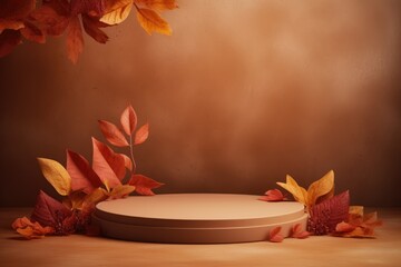 Product podium in autumn warm colors for product presentation. Mockup for branding, packaging - obrazy, fototapety, plakaty