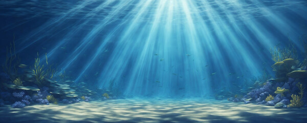 underwater background deep blue sea and beautiful light rays with sandy floor