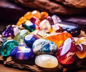 Obraz na płótnie Canvas Healing reiki chakra chrystals therapy. Gemstones therapy for wellbeing, meditation, destress, relaxation, metaphysical, spiritual practices