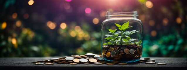 Plant Growing In Savings Coins, Investment And Interest Concept - obrazy, fototapety, plakaty