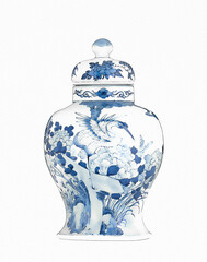 Blue and white chinoiserie. Blue and white chinese porcelain Ginger Jar on white background. - obrazy, fototapety, plakaty