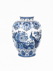Blue and white chinoiserie. Blue and white chinese porcelain vase on white background.
