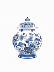 Blue and white chinoiserie. Blue and white chinese porcelain Ginger Jar on white background.