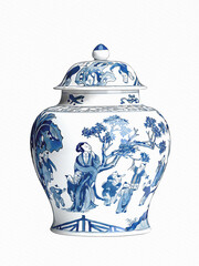 Blue and white chinoiserie. Blue and white chinese porcelain Ginger Jar on white background.