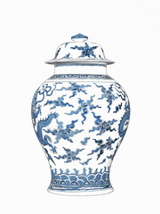 Blue and white chinoiserie. Blue and white chinese porcelain Ginger Jar on white background.