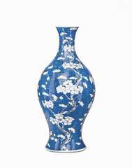 Blue and white chinoiserie. Blue and white chinese porcelain vase on white background.