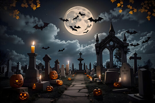 Halloween background with pumpkin, graves scary spooky halloween season, monster skull and crossbones halloween witch with pumpkin, halloween and October background