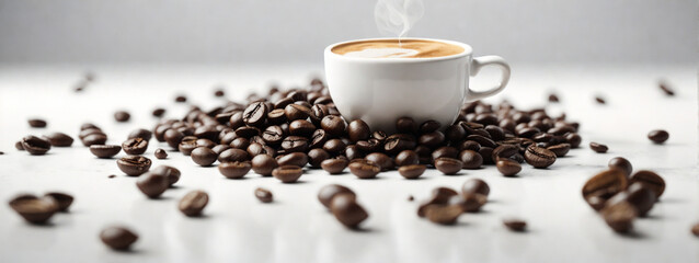 hot espresso and coffee bean on white table with soft-focus and over light in the background. top view