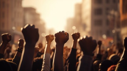 Inclusive Protest: Diverse Participants Demonstrate Against Racial Discrimination, Raising Their Fists for Equality.

 - obrazy, fototapety, plakaty