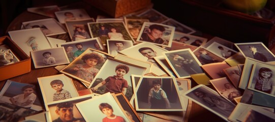 Nostalgic Flashback: A Collection of 80s and 90s Childhood Portraits Spread Out on a Table.

 - obrazy, fototapety, plakaty