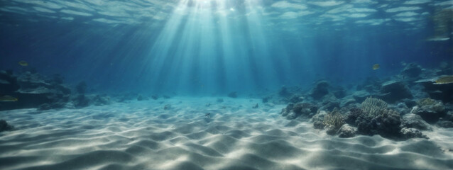 Fototapeta na wymiar underwater background deep blue sea and beautiful light rays with sandy floor