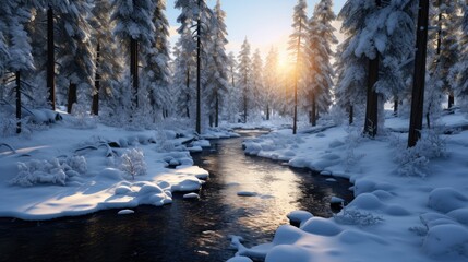 Winter Wilderness: captivating image showcasing a serene forest blanketed in snow, magic of nature's transformation during winter.