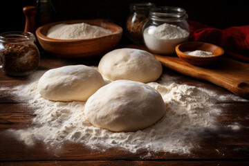 Fototapeta premium Raw balls of dough on wooden kitchen table