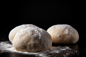 Fototapeta na wymiar Raw dough balls and flour on black background