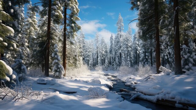 Winter Wilderness: captivating image showcasing a serene forest blanketed in snow, magic of nature's transformation during winter.