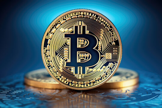 Close up photo of bitcoin crypto currency with blue background