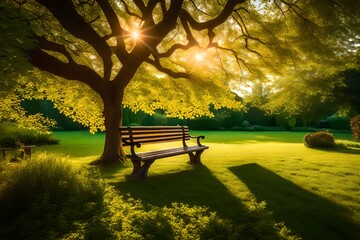 a lush green garden, a wooden bench beckons, bathed in the warm glow of the setting sun. AI Generative - Powered by Adobe