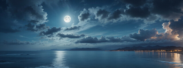 Fototapeta na wymiar romantic and scenic panorama with full moon on sea to night