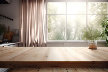 A rustic wooden table bathed in natural light from a window
