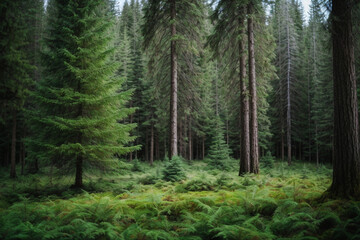Healthy green trees in a forest of old spruce, fir and pine - obrazy, fototapety, plakaty