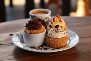 Tasty cup of coffee new delicious mini cakes