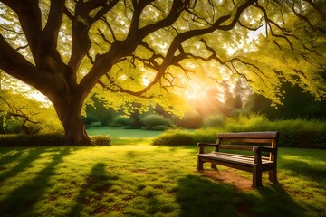 a lush green garden, a wooden bench beckons, bathed in the warm glow of the setting sun. AI Generative