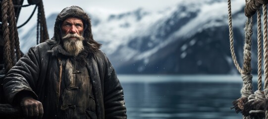 Icy Waters, Serene Fjord: Capturing the Essence of a Nordic Fisherman as He Casts His Net Amidst Snow-Capped Mountains.

