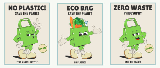 No plastic. A set of posters with groovy character eco bag in cartoon retro style. Concept philosophy zero waste, save the planet, environmentally friendly lifestyle. Vector illustration.
