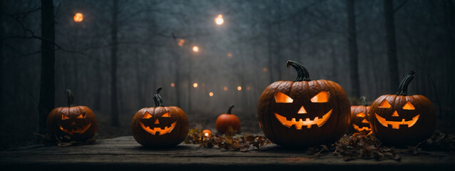 Halloween Pumpkins On Wood In A Spooky Forest At Night