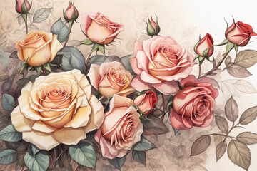 Floral watercolor background. Roses.