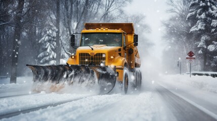 snow plow truck hard at work, efficiently removing snow from a road during a snowstorm.