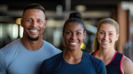 Fototapeta premium Group of athletic men and women stand together in the background of a gym