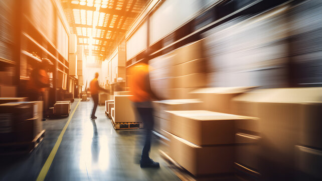Warehouse workers during the working day in a dynamic approach, Generative AI