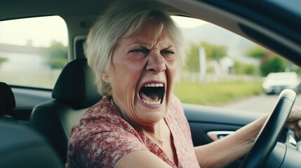 Elderly woman gets angry while driving her car in traffic, she shouting a lot, angry and quarrelsome. Generative AI