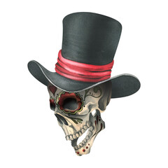 Ornamented human skull in a black top hat with a red ribbon. Hand drawn watercolor illustration for day of the dead, halloween, Dia de los muertos. Isolated object on a white background.