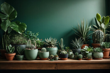 Home Garden Jungle: Stylish Composition of Beautiful Plants, Cacti, Succulents, and Air Plants in Various Design Pots, Enhanced by Green Wall Paneling. A Template for Home Gardening Enthusiasts. - obrazy, fototapety, plakaty