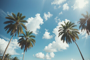 Blue sky and palm trees view from below, vintage style, tropical beach and summer background, travel concept