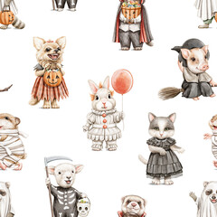 Seamless pattern with vintage variety set of halloween funny cute animals in scary costumes isolated on white background. Watercolor hand drawn illustration sketch