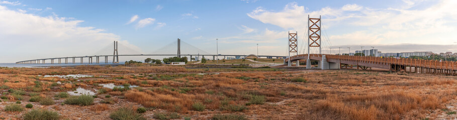 Fototapeta premium Cycle Pedestrian Bridge over the Trancão River that connects Lisbon to Loures, Portugal