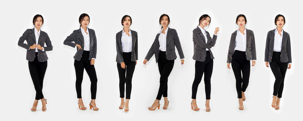 Different pose of same Asian woman full body portrait set on white background wearing formal...