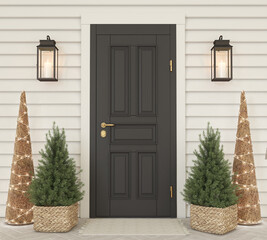 Black front door with the christmas decor. 3d render. - obrazy, fototapety, plakaty