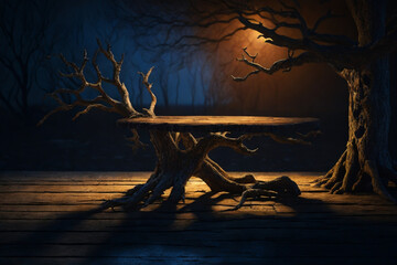 Old wood table and silhouette dead tree at night for Halloween background.