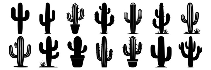 Cactus desert silhouettes set, large pack of vector silhouette design, isolated white background